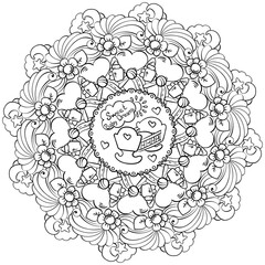 Doodle mandala with accessories for baby sleep, meditative coloring page for a baby shower party or holiday activity
