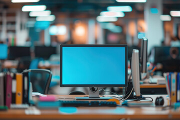 Workstation with a blank monitor in an office setting ready for productivity