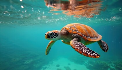Obraz premium Sea turtle swims underwater, ocean, tropical paradise. Wildlife animal with shell, sea life, marine ecosystem, diving at depth of blue water. Close-up portrait of turtle with details.