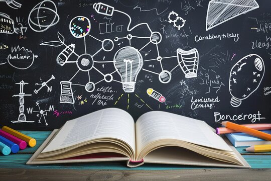 Open book against a chalkboard filled with chalk drawings and scientific diagrams