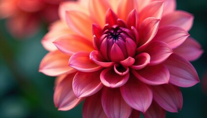 Close-up dahlia petals, layered, rich color gradients, texture, autumn