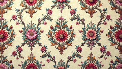 Intricate floral damask pattern in muted tones, seamless, antique