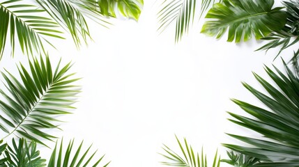 Lush green tropical palm leaves frame on white background.