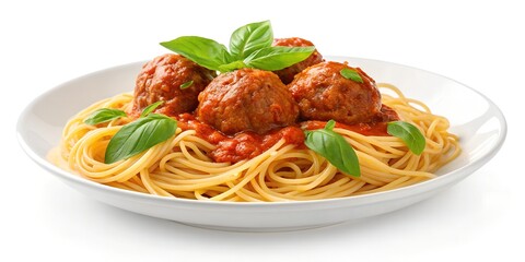 Delicious Spaghetti with Meatballs and Fresh Basil Leaves on White Plate - Authentic Italian Pasta Cuisine Closeup