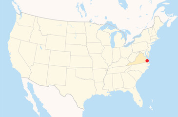 Location Map of the city Portsmouth in Virginia, USA. The state is marked orange and the city is highlighted with a red dot. No labels at all.