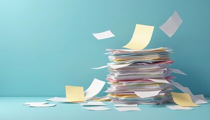 Stack paperwork papers files documents on table. Work, overwork concept. Many papers flying around. Office work, busy work environment. Business or bureaucracy.