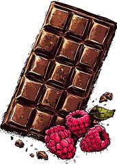 Top view on dark chocolate bar with raspberries vector drawing