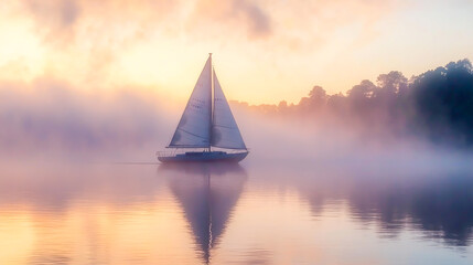 Sailboat on Foggy Lake at Dawn with Gentle Mist and Calm Waters