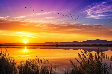 Obraz premium Golden Sunset Reflections on the Lake