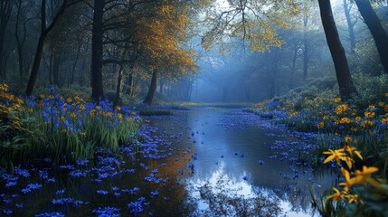 Obraz premium Tranquil forest scene with a shimmering pond surrounded by flowers and morning mist.
