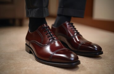 Groom polished wedding shoes. Classic style, black laces. Ready for ceremony, reception. Symbol of elegance, sophistication. Formal attire. Luxurious fashion for special event. Preparation for