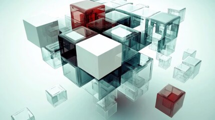 Transparent and solid cubes forming abstract digital structure on light background.