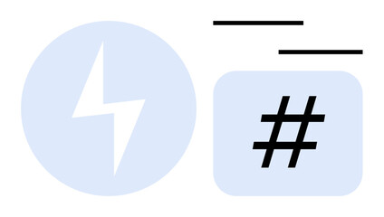 Lightning bolt in a circle and metadata tag symbol with minimalistic lines represent energy, technology, communication, social media, trends, influence, and modern design. Ideal for digital
