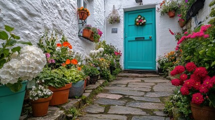 Naklejka premium Charming pathway with colorful flowers and a bright teal door inviting you in. A beautiful scene full of life and vibrant colors.