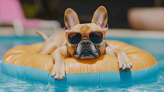 Funny animal summer holiday vacation travel photography banner background - French bulldog dog with sunglasses, lying on air mattress, relaxing chilling in the swimming pool water