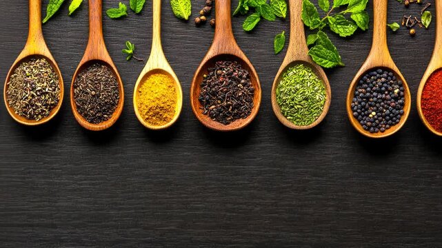Wooden spoons with various spices and herbs for homeopathic remedies, displayed on a black surface.