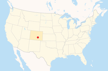 Location Map of the city Pueblo in Colorado, USA. The state is marked orange and the city is highlighted with a red dot. No labels at all.
