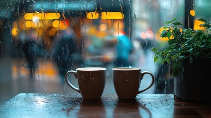 Cozy Café Moments: Two Cups of Coffee by the Rainy Window with Soft Background Lights