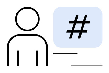 Fototapeta premium Minimalist figure outline, speech bubble with metadata tag, and lines symbolizing user bio. Ideal for social media, communication, branding, networking, engagement, analytics simple landing page