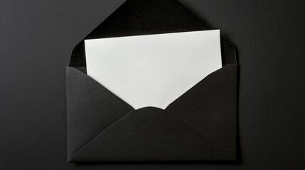 Black envelope with blank white card on dark background, top view composition.