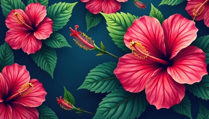Bold hibiscus print, lush foliage, repeating motif, pattern, illustration, bloom