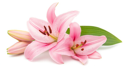 Fototapeta premium Three pink flowers with green leaves