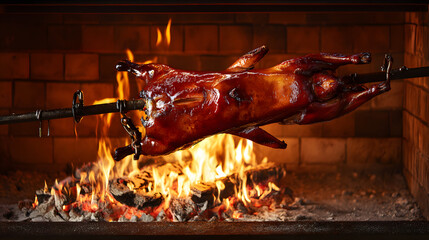 Traditional Whole Peking Duck Hanging Over a Wood Fire with Flames and Charcoal in a Rustic Setting