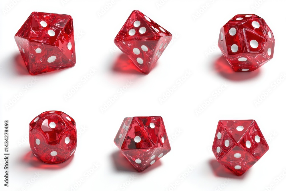 Poster collage of red dice in different angles and positions with reflective surfaces and white dots on a w