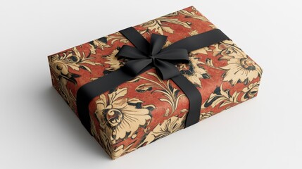 Ornate gift box wrapped in a rich, patterned paper.