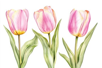 Watercolor painting of three pink tulip flowers with stems and leaves isolated