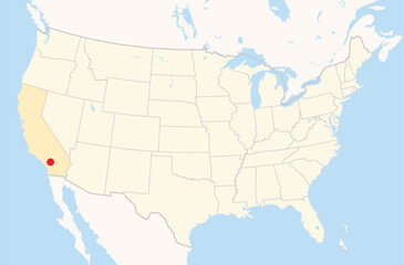 Location Map of the city Redlands in California, USA. The state is marked orange and the city is highlighted with a red dot. No labels at all.