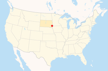 Location Map of the city Sioux Falls in South Dakota, USA. The state is marked orange and the city is highlighted with a red dot. No labels at all.