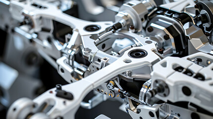 Fototapeta premium A robotic arm in a high tech lab, assembling precision components for robots used in autonomous personal fitness technology production, Health-tech style