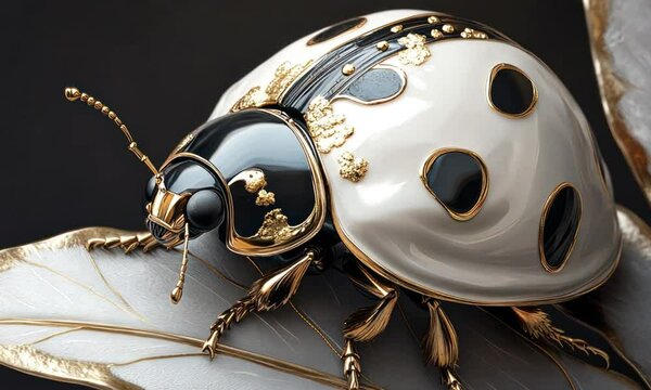 Elegant gold-detailed ladybug on leaf; dark background; luxury design