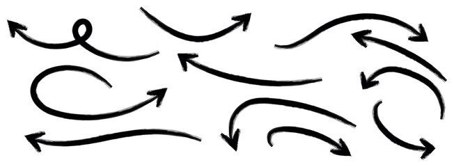 Hand-drawn black arrows icons vector design. Swirls arrows, doodle lines icon set, Hand-drawn line arrows set. Vector curvy, wavy, and straight arrows isolated on a white background.
