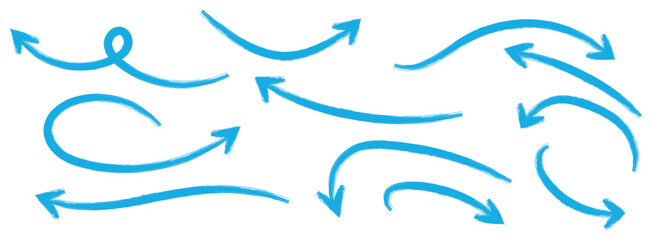 Blue hand-drawn vector arrow set. Arrow crayon brush doodle chalk line stroke. Sketch pencil texture line scribble arrow icon on a white background
