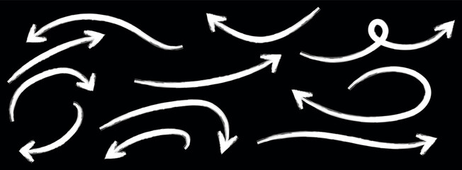 Hand-drawn thin line arrows set. Arrow icon. Doodle arrow. Collection of different arrow signs. Many vector curvy and wavy arrows. White hand-drawn doodle arrow set.
