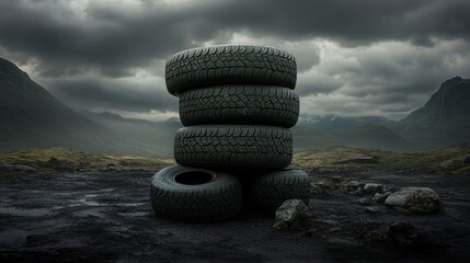 Stack of used tires in a desolate landscape under a dramatic sky.