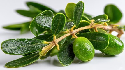 Olive branch Green olives with leaves, water droplets