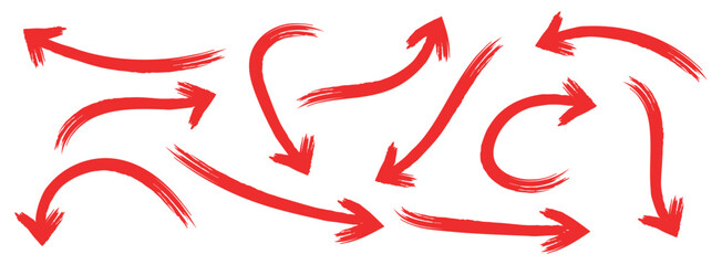 Red hand-drawn arrow marker. Red Hand-drawn brush stroke arrows. Red charcoal ovals and arrows strokes different forms. Hand drawn vector arrows doodle set on white background. Red long arrow set.