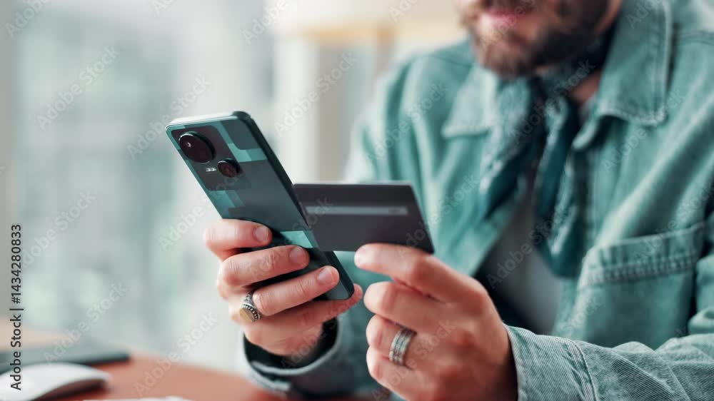 Aufkleber business, hands and man with smartphone, credit card and online shopping with transactions. closeup,