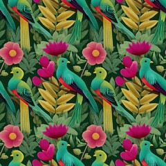 Resplendent quetzal birds with floral elements seamless texture, endless repeatable rapport with flowers