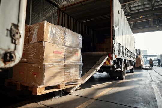 A large pallet of tightly wrapped cardboard boxes being loaded into a delivery truck using a metal ramp, inside a spacious industrial warehouse with high ceilings and visible support beams.