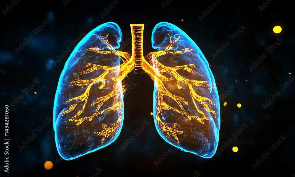 Poster dynamic visualization of glowing human lungs with vibrant particle animation