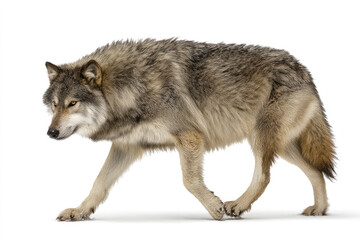 A majestic gray wolf walking gracefully on a white background, showcasing its natural beauty and strength