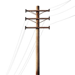 Electric pole in nature: A towering wooden electric pole against a bright clear background with overhead power lines. Illustrating essential infrastructure.