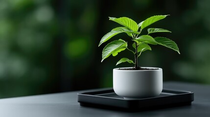 Small plant in white pot on dark tray