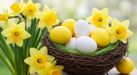 Easter Eggs in Nest with Daffodils for Spring Celebration