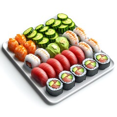 Sushi Platter:  A vibrant array of delicious sushi rolls, featuring succulent tuna, salmon, avocado, cucumber, and crab, arranged on a white platter, ready to tantalize your taste buds. 