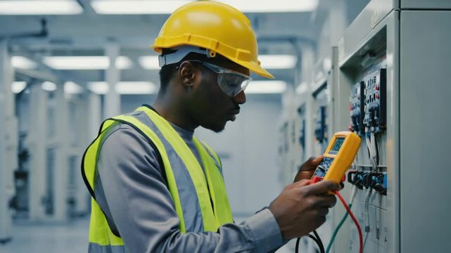 A focused black electrician measures voltage on an industrial control cabinet with a handheld multimeter. Concept of electrical safety and precision maintenance.